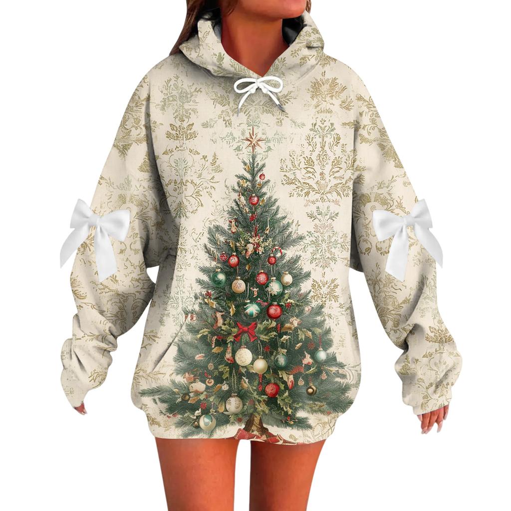 Ladies' Christmas Printed Bow Long Sleeved Loose Fitting Headband With Rope Hooded Sweatshirt Top