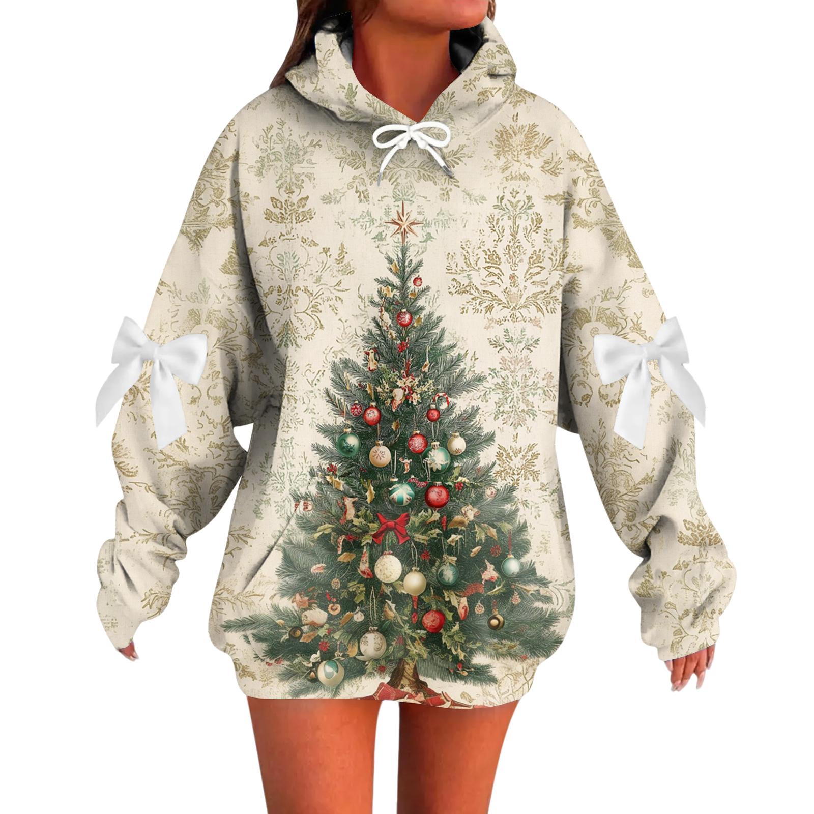 

Ladies Christmas Printed Bow Long Sleeved Loose Fitting Headband With Rope Hooded Sweatshirt Top L бежевий