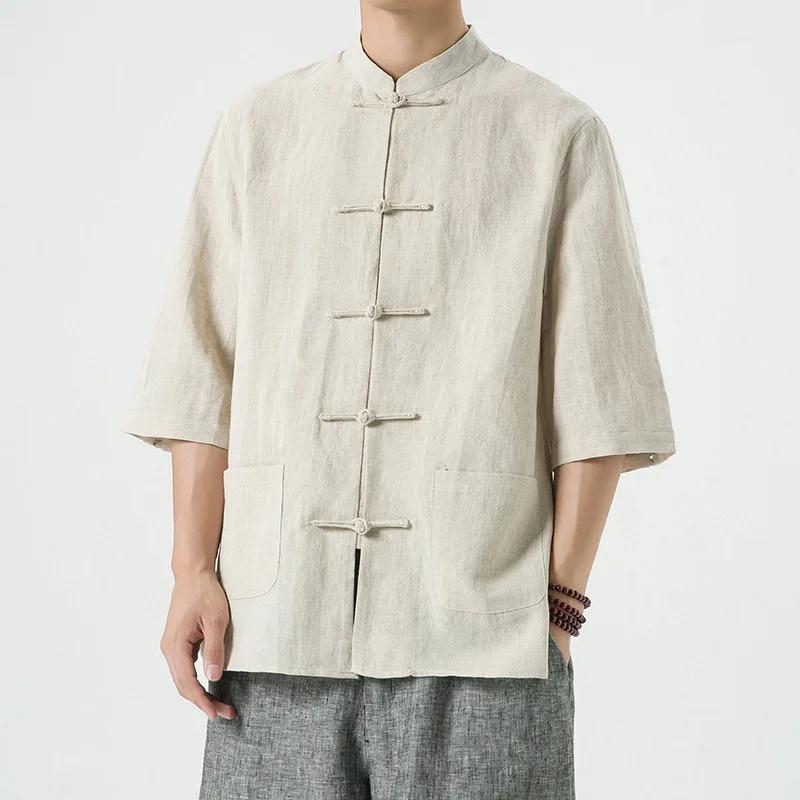 Chinese Style Mens Linen Summer Shirt Retro Stand Collar Half Sleeve Chinese Kong Fu Suit Men Hanfu