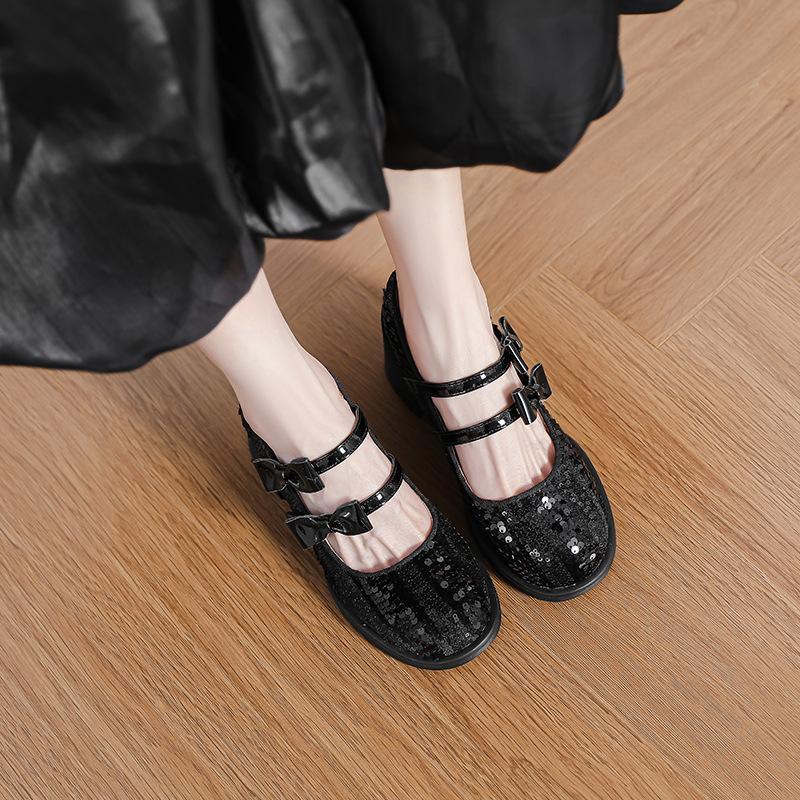 High-heeled Mary Jane women's shoes 2025 spring and autumn new round head thick heel butterfly sequins light mouth word with black single shoes