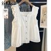 Damen Süßes ärmelloses Spitzen-Patchwork-Blusentop mit Knöpfen