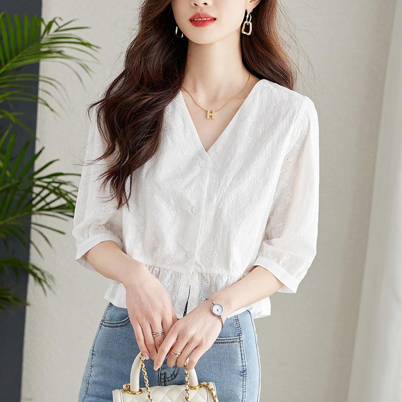 Embroidered Hollow White Shirt Women's Five-quarter Sleeve Summer Small Short Top