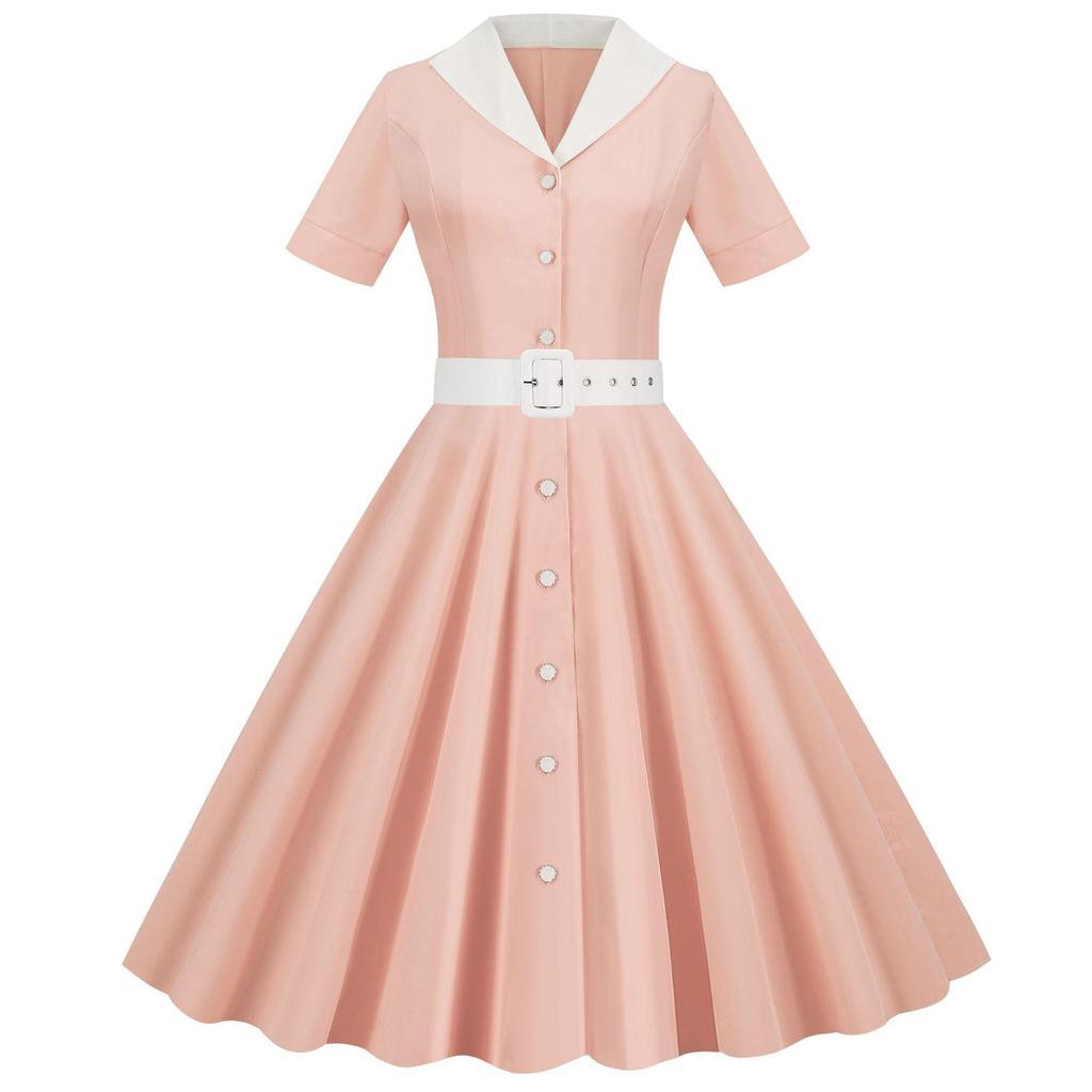Retro V-Ausschnitt Reverskleid - Einfarbig, Kurze Ärmel, 1950er Elegantes Oversized-Saum, Perfekt für Freizeit oder Party-Events