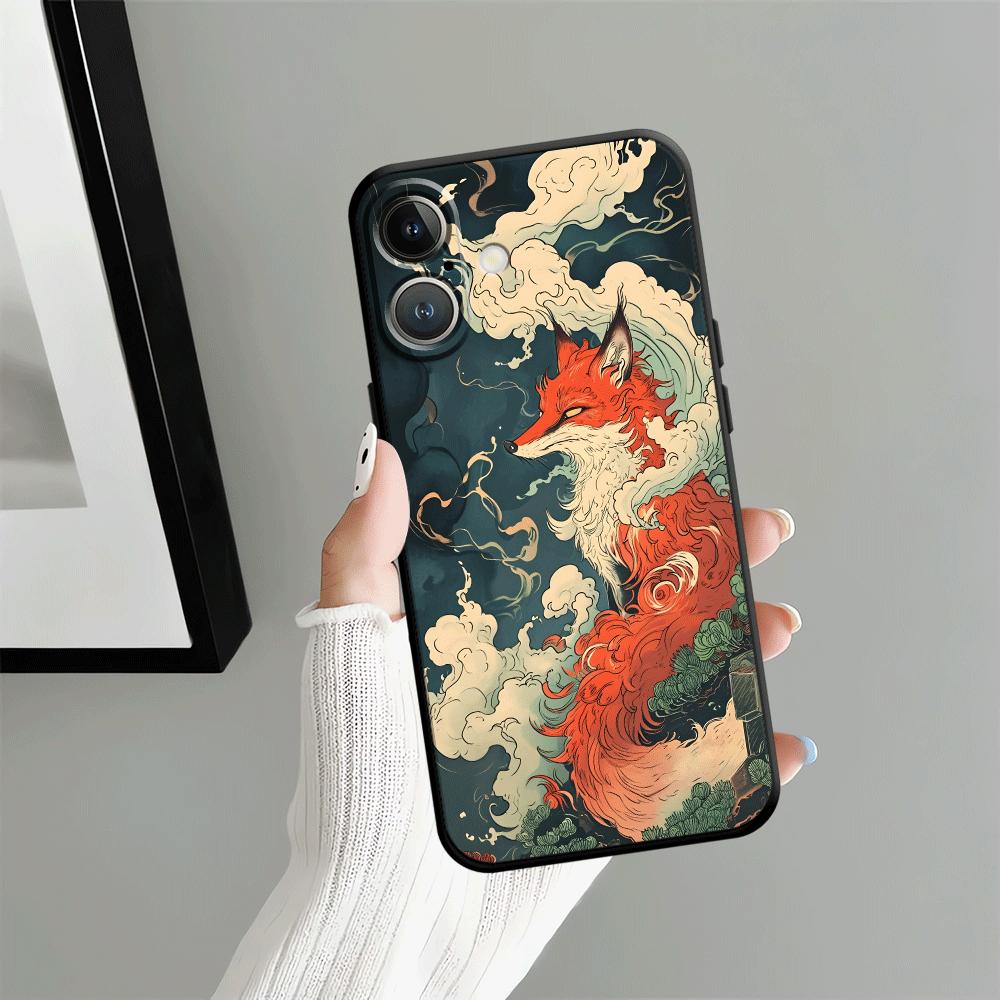 Retro Fox Cat Case for iPhone 17Air XS Max 13 12 11 17 Pro Max XR 7 8 15 16 14 Plus Black Soft Phone Cover