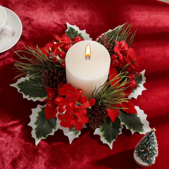 Christmas Candle Ring Mini Pine Leaf Candle Wreath Festive Seasonal Candle Holder Ring Farmhouse
