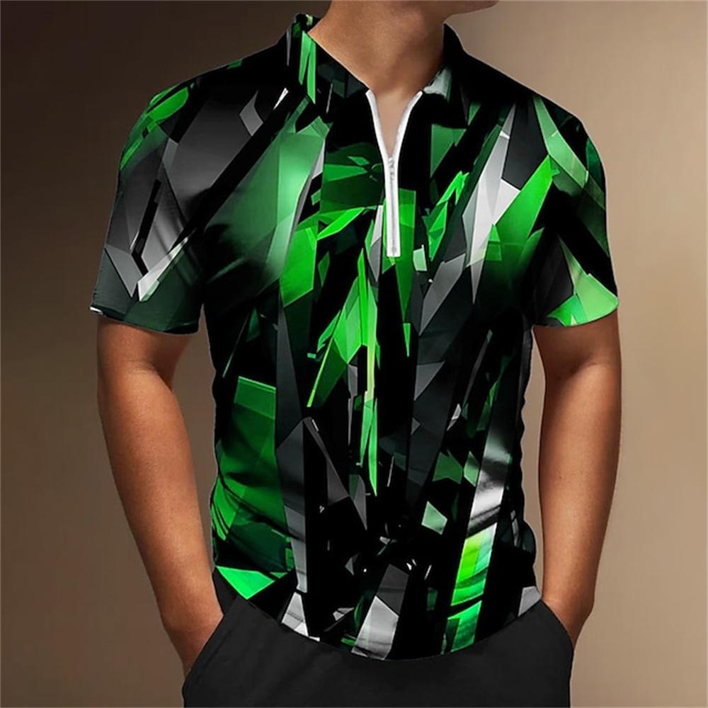 Men's Zipper Summer T-shirt, 3D Abstract Printed Golf Club, Zipper Short Sleeve Top, Fashion Clothing