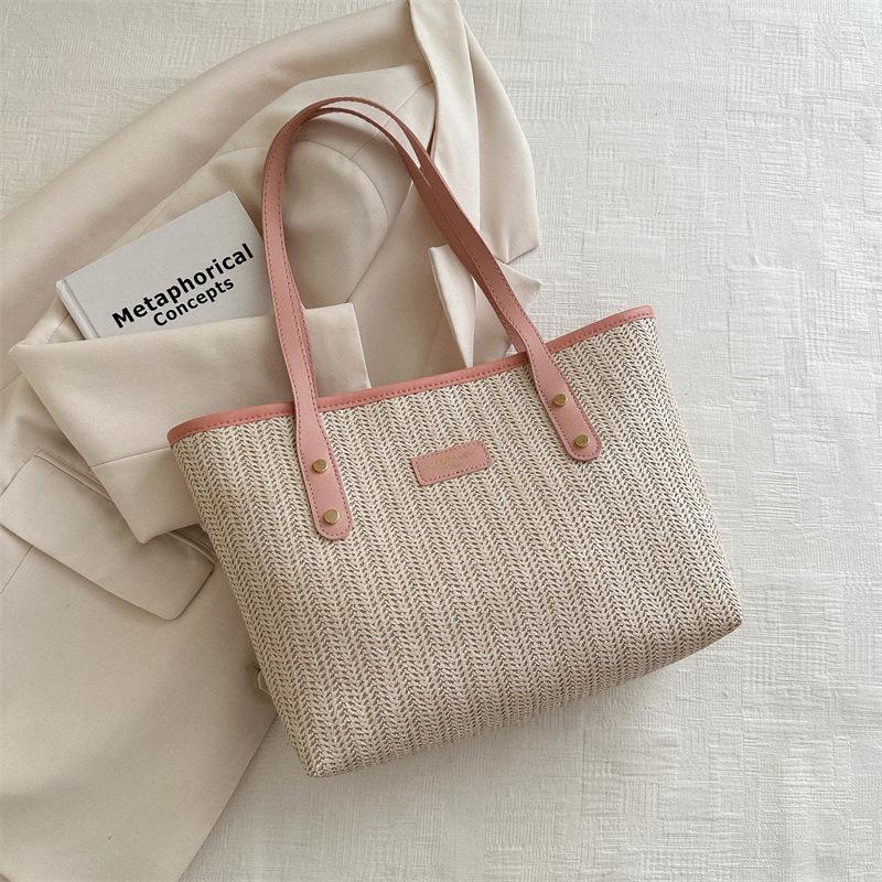 

Соломенная модная сумка большой вместимости 2025 весна новая универсальная сумка через плечо подмышку сумка-тоут розовый