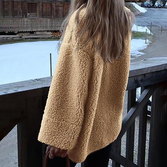 Women's Warm Winter Coat Collarless Casual Long Sleeve Button Plush Lamb Suede Jacket Coat