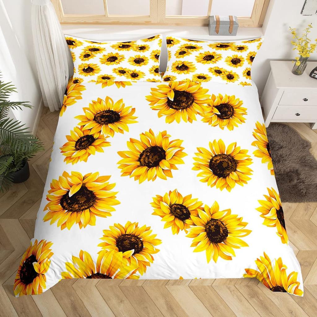 Sunflower Duvet Cover Twin King, Spring Garden Flowers Comforter Cover, Yellow Floral Botanical Bedding Set for Teen Women Room