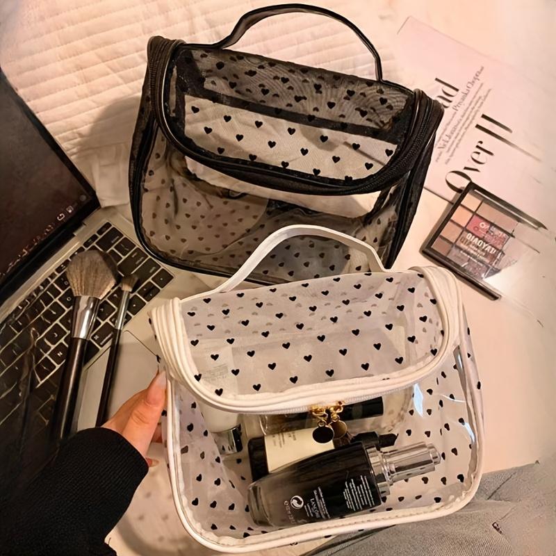 1pc Large Capacity Heart Mesh Makeup Bag Frosted Transparent Cosmetic Toiletry Organizer Travel Pouch for Office Home or Daily