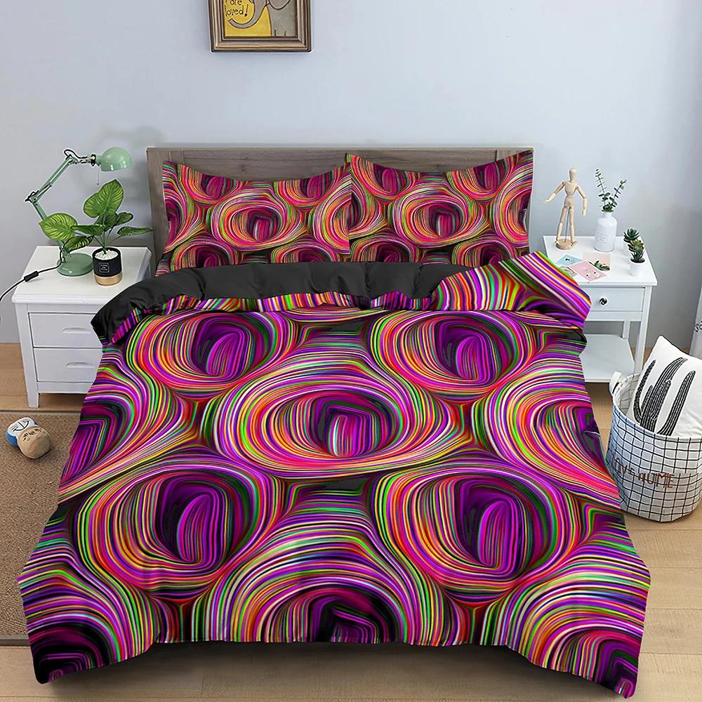 Geometrický 3D tištěný ložní set Měkký 3D abstraktní povlak na přikrývku King Queen Double Psychedelic 2/3ks polyesterové povlaky na přikrývku