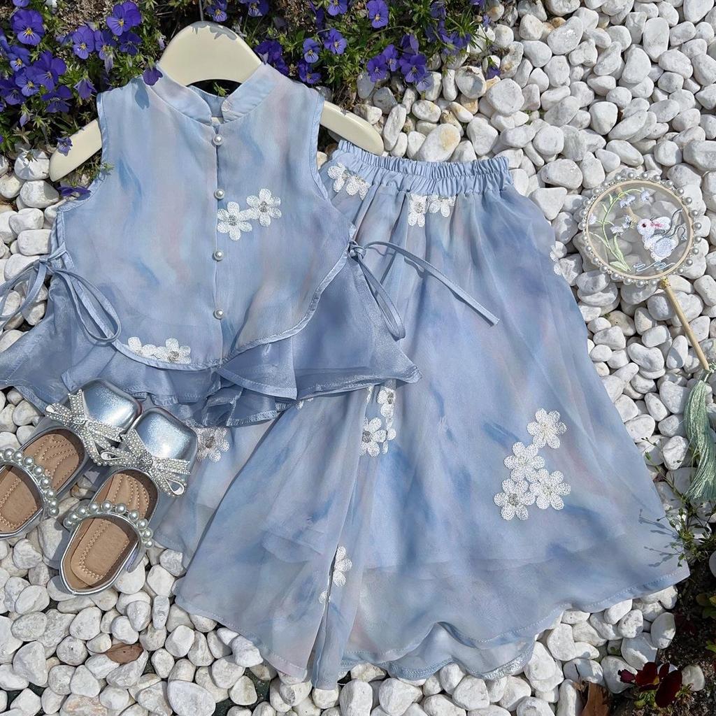 Girls' Summer Hanfu Style Vest & Pants Set - Two-Piece EXB003