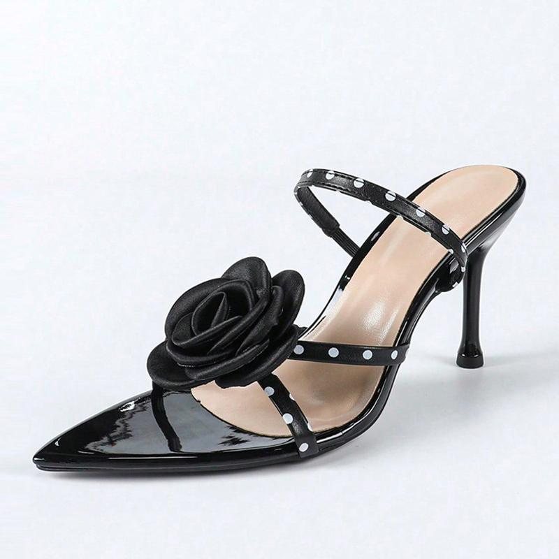 

2025 Новая Мода Босоножки в Горошек с Задним Ремешком Женские Черные Остроносые с Открытым Носком Цветы Высокий Каблук Летние Вечерние Туфли 42 чёрный