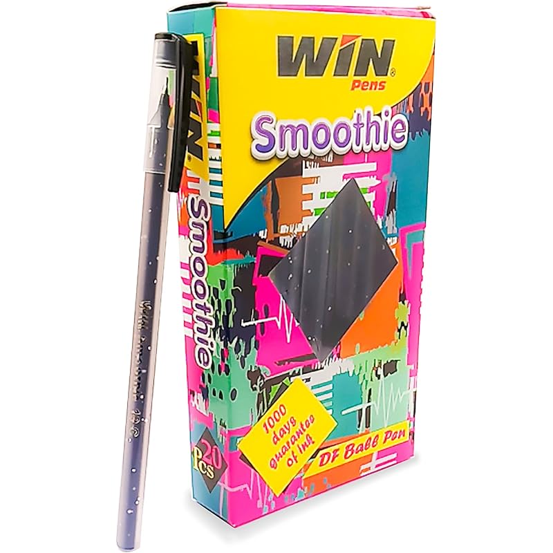 Win Smoothie Ball Pens | 100 Black Ink Pens | Lightweight & Colourful Sparkle Body Design | Use and Throw Pens | For One