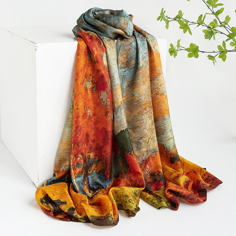 Mulberry silk silk scarf gift box  spring and summer versatile Xiangyang oil color printing long yarn sunscreen shawl
