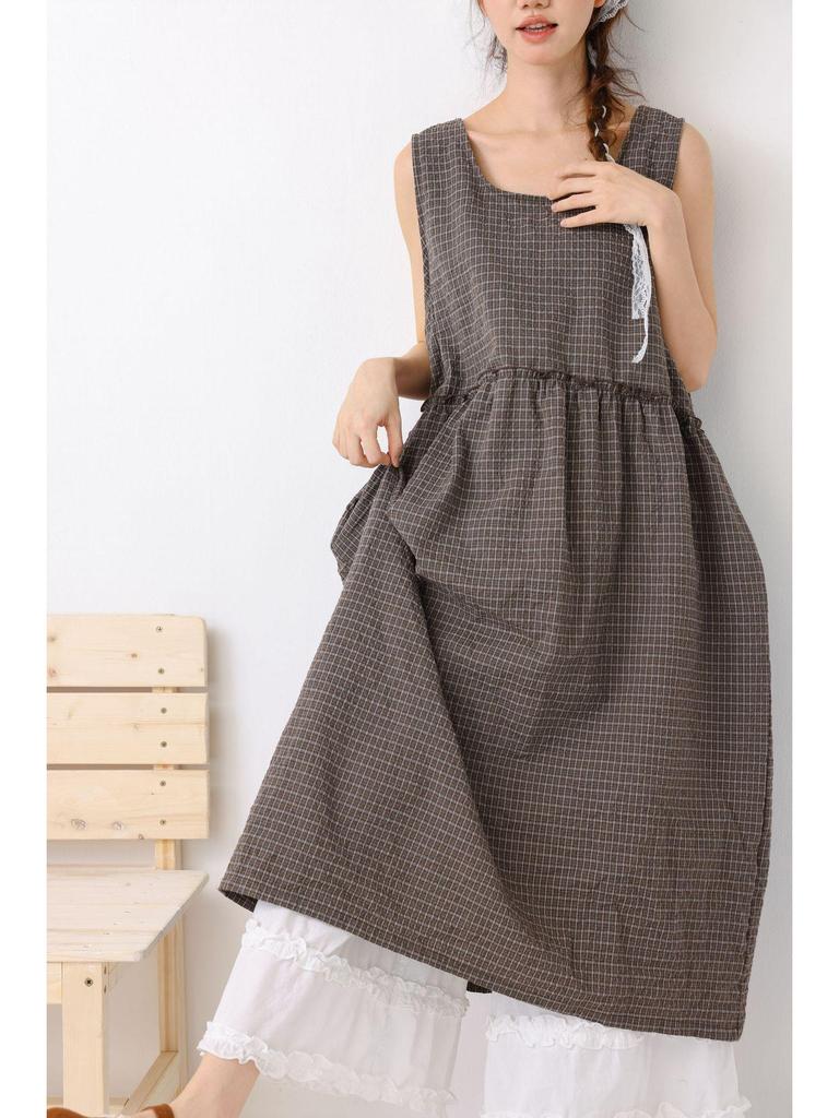 2026 Spring Artistic Sleeveless Layered Long Vest Dress - Fresh Japanese Plaid Design