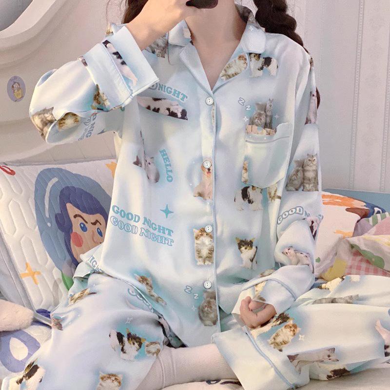 Sweet Girl Ice Silk Pajamas Women'S Spring And Autumn Long-Sleeved Cute Cat Casual Loose Two-Piece Loungewear