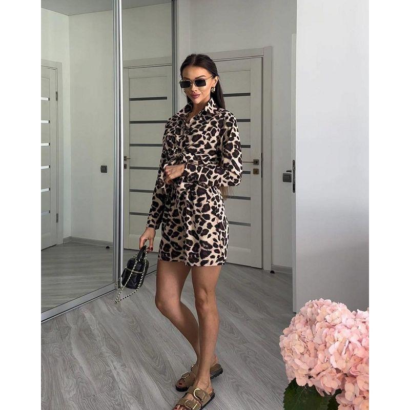 Sommer Europäischer und Amerikanischer Anzug Damen Leopardenmuster Langarm Strickjacke Hemd Damen Shorts Amazon Damen Zweiteiler