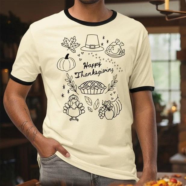 Happy Thanksgiving Doodle Ringer T-Shirt, Cute Turkey Day Tee M