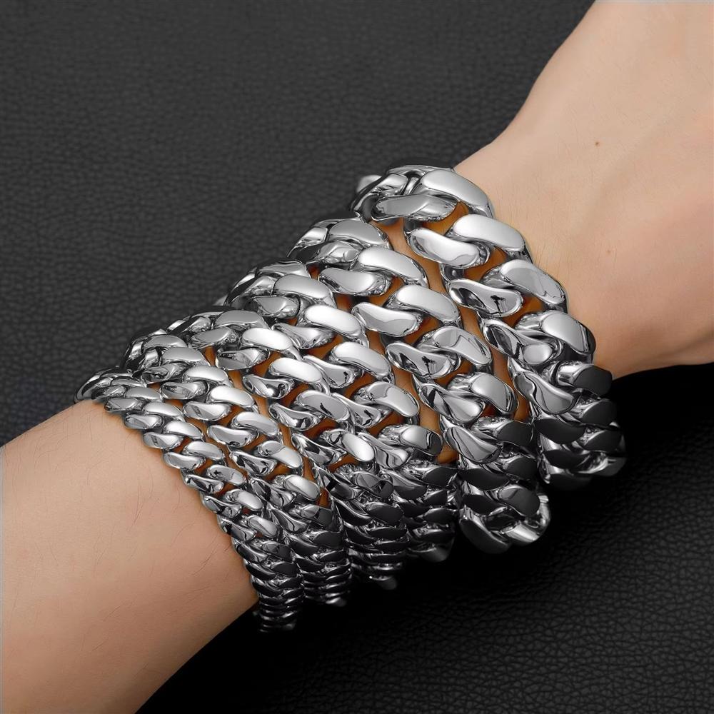 Rhodium Plated Jewelry Iced Out CZ Box Clasp Laminated Stainless Steel Bracelet High Polished Flat Cuban Link Chain Bracelet