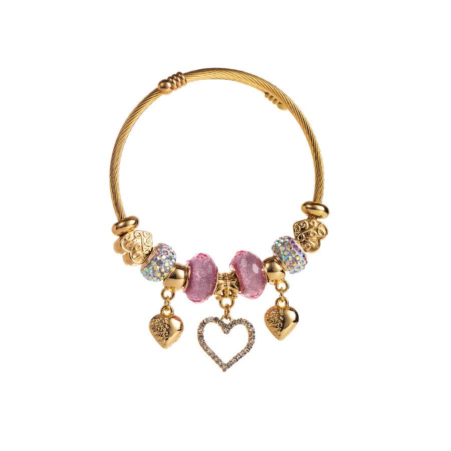 Stainless Steel Bracelet with Crystal Wristband, Heart-shaped Pendant, Adjustable Opening. Charm Bracelet