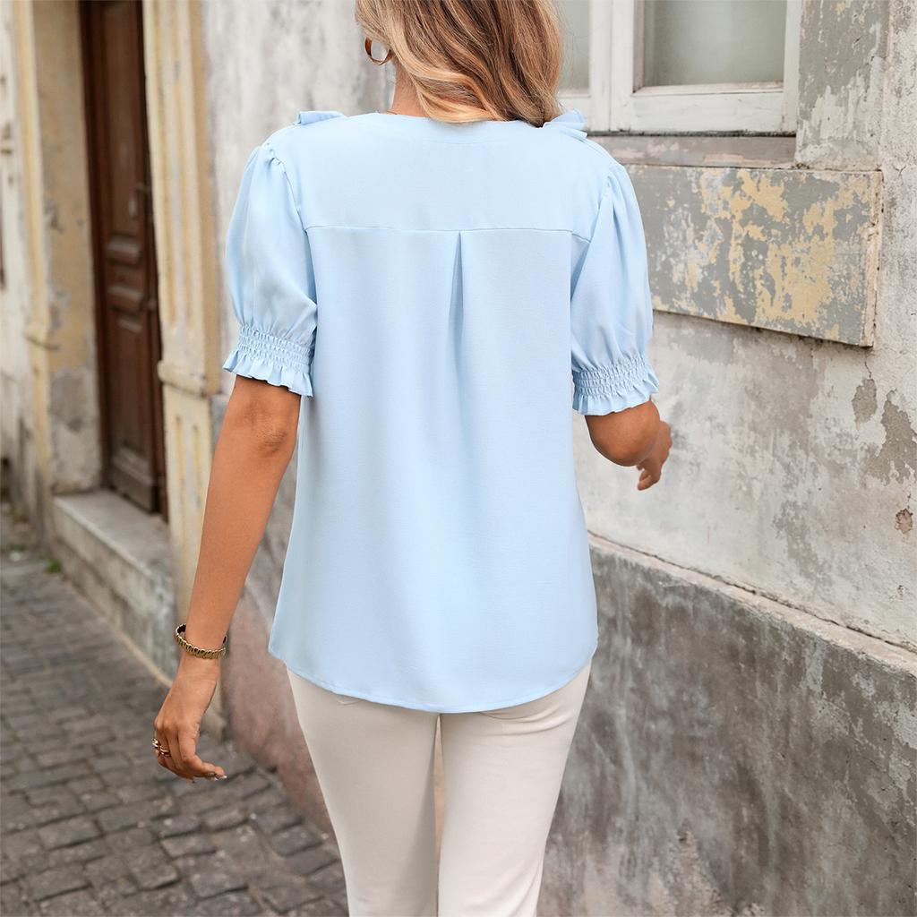 Women's V Neck Blouse, Short Sleeve Lace Trim Casual Flowy Tunic Top