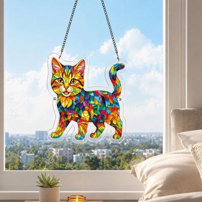 Katzen-Buntglas-Stil Fensterhänger, Acryl-Anhänger mit Metallkette, Einfach aufzuhängen Fensterdekoration, Regenbogen-Mosaik-Lichtfänger für Hauswand Veranda