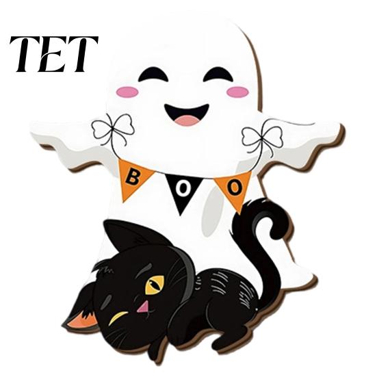Childlike Party Supplies for Kids Cute White Ghost Wooden Door Hanger Sign with Black Cat BOO Retro Fall Seasonal Wall Art Banner, Waterproof