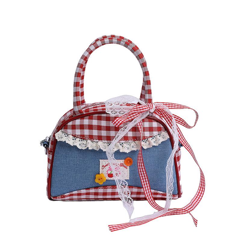 Red Grid Bag Women's 2025 New Summer Fashion College Style Handbag Fresh and Cute Lace Shoulder Messenger Bag