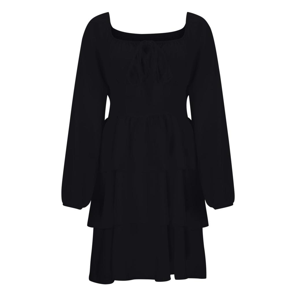 Women's Fashion Off-Shoulder Tie-Detail Pleated Long-Sleeve Fitted -Color Short Dress