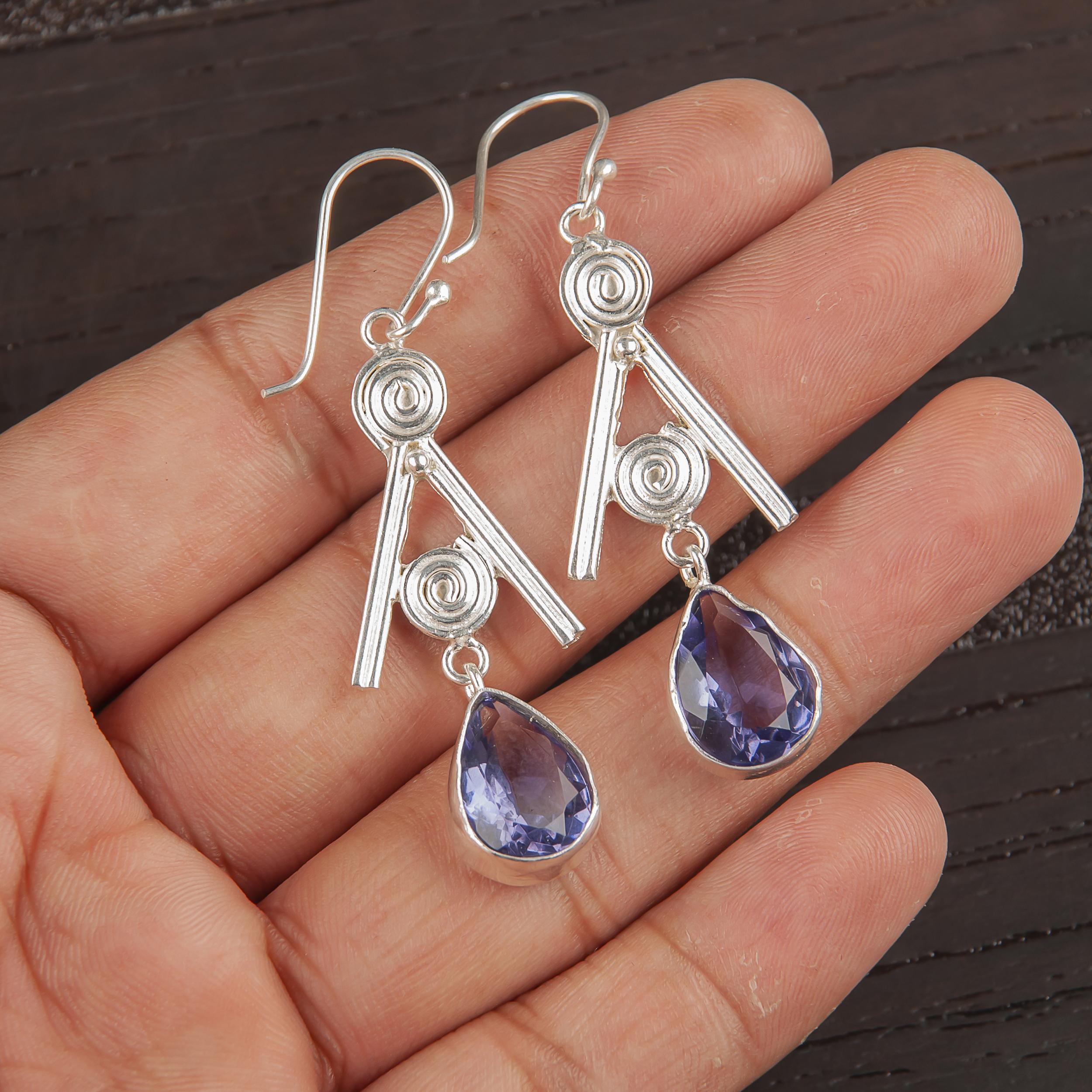 

Iolite Gemstone Jewelry, 925 Solid Sterling Silver Earrings, Handmade Silver Jewelry Wonderful Silver Jewelry Gift For Women 2.4 Inches синий