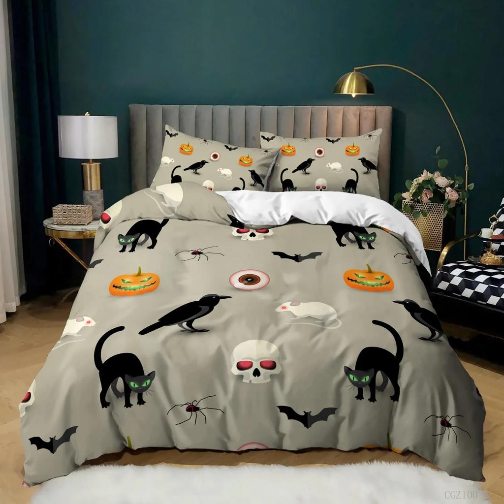 Halloween Bedding Set Gothic Spooky Duvet Cover Pumpkin Lantern Comforter Cover for Kids Boys Bat Spider Web Comforter Cover