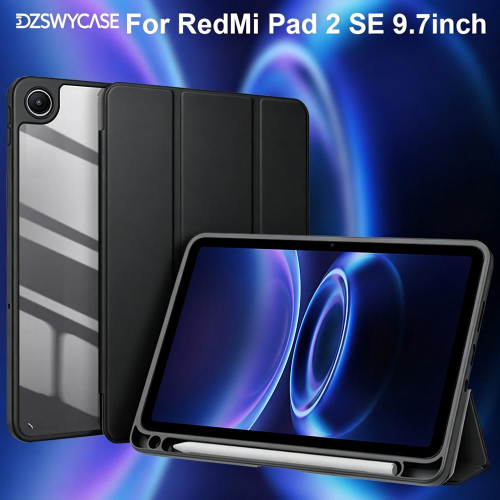 Case for Xiaomi Redmi Pad 2 SE 9.7 inch 2026, Trifold Stand Case with Pencil Holder, PU Leather Clear Transparent Back Cover