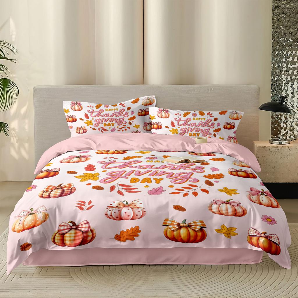 Comforter 3Pcs Pink Autumn Harvest Pumpkin Print Quilt Set With Coreless Multi Size Bedrooms Dormitories Soft Comfortable Machine Washable