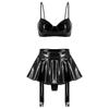 S-4XL Wet Look PU Leather Bra Top and Skirt Set No Underwire No Padding Integrated Thong Layered Hem Mini with Garter Clips for Night Party