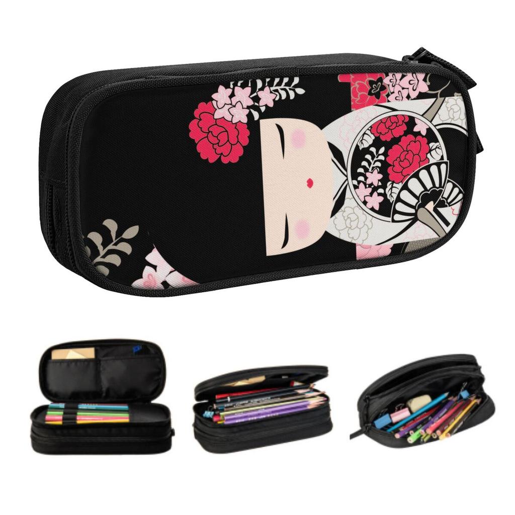 Custom Kokeshi Doll Cherry Blossoms Pencil Cases for Large Capacity Japanese Kimono Geisha Girl Pen Box Bag School Accessories