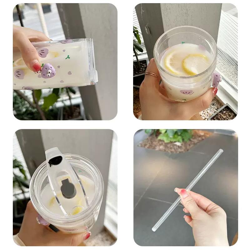 Kawaii blomma glaskopp med lock sugrör Söt apelsin kaffemugg Mjölkdrycker Koreanskt vatten Juice Tekopp Dryckesgods Present 600ml