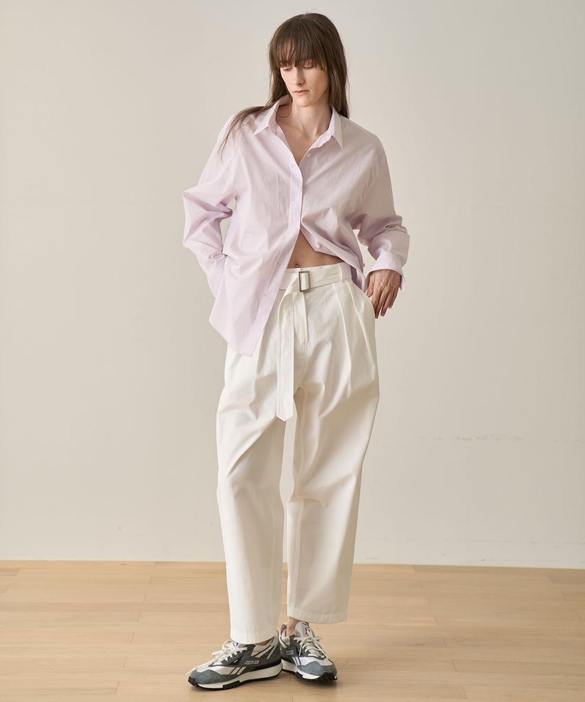 GRIDAJ Cotton Bio-Washed Belted Double-Pleated Pants _ White