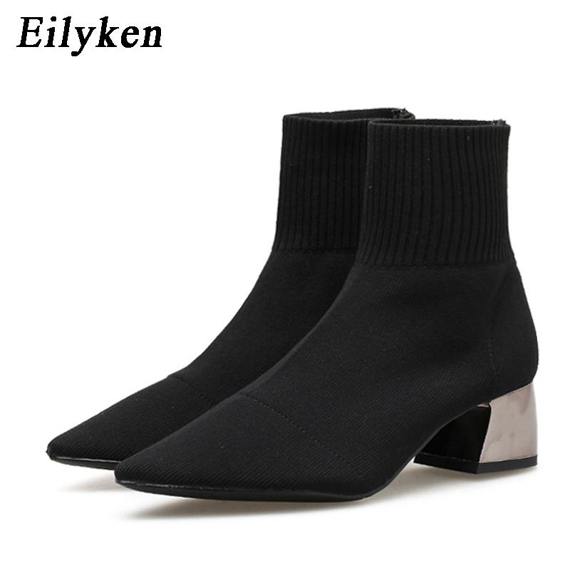 Fashion EilyKen Autumn Winter Knitted Stretch Fabric Socks Women Low Heel Short Boots Gray Pointed Toe Female Ankle Booties