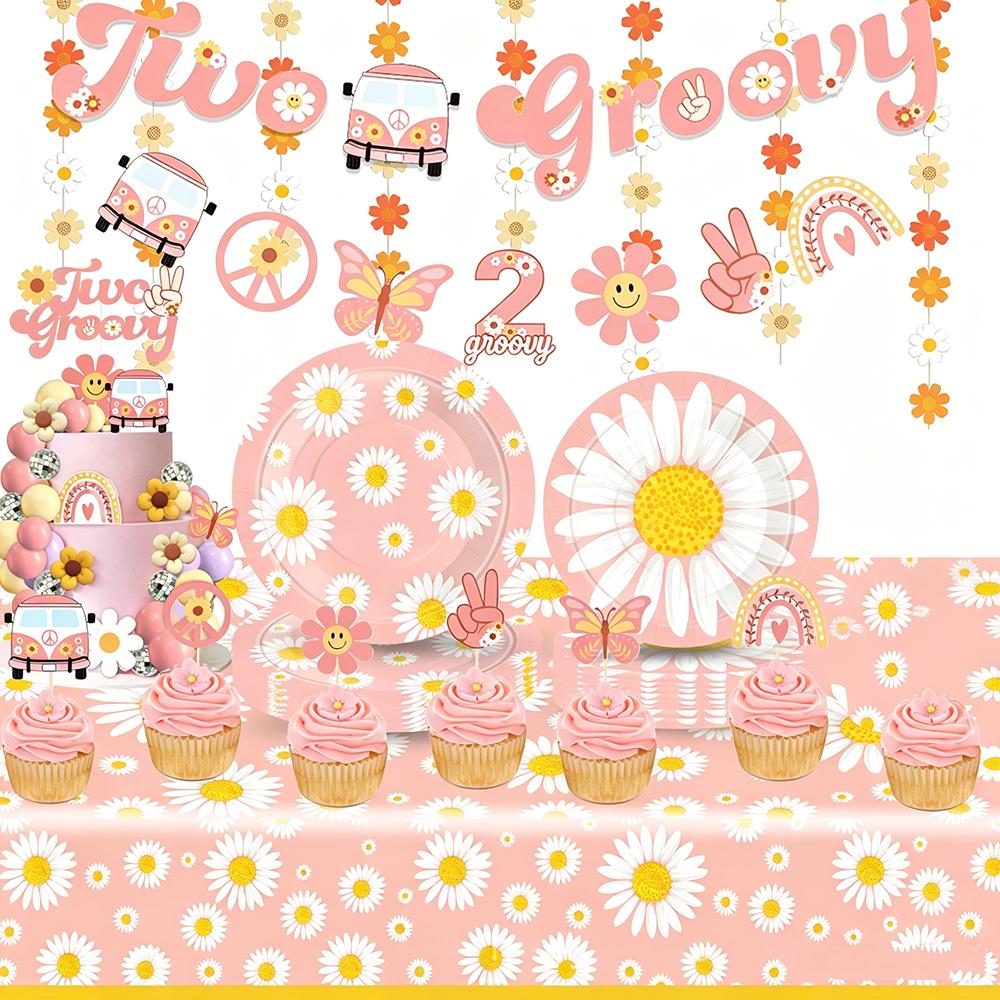 Daisy Party Tableware Decorations Plates Cups Napkins Banner Tablecloth for Girls Baby Shower Flowers Summer Birthday Party
