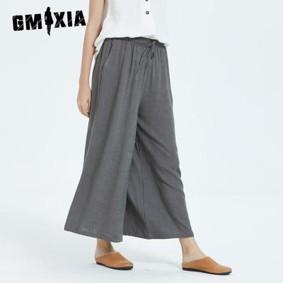 Damen Frühling und Sommer Farbe Baumwolle und Leinen Locker Lässig Weitbeinige Neun-Minuten-Hose