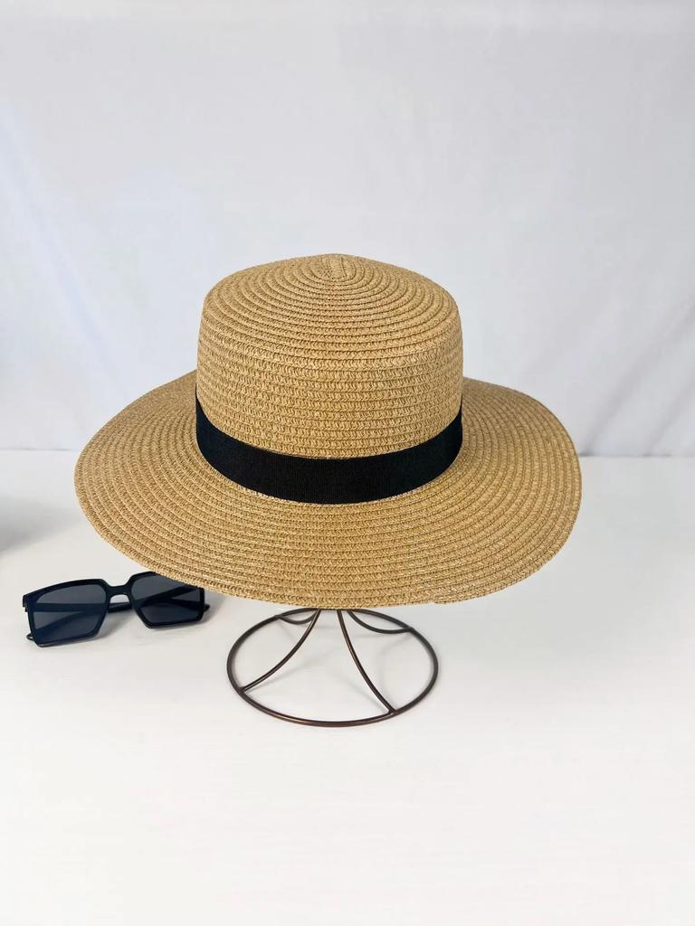 Flat Top Straw Hat Summer Travel British Style Wide Brim Sun Hat Beach Braided