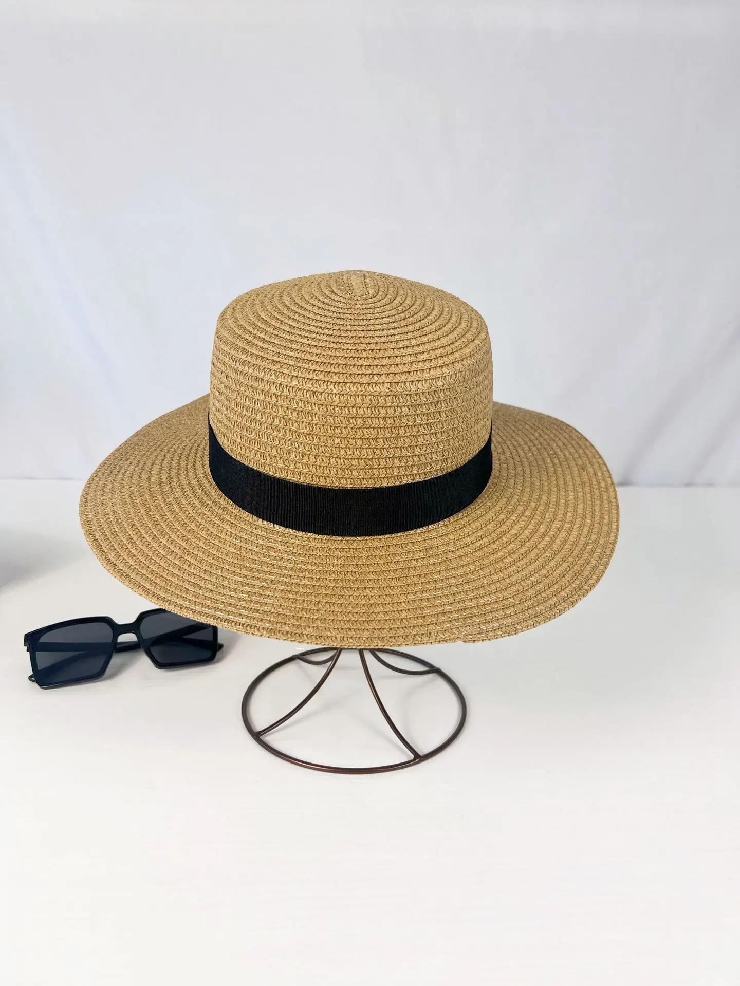 

Flat Top Straw Hat Summer Travel British Style Wide Brim Sun Hat Beach Braided Children S (52-54cm) хаки