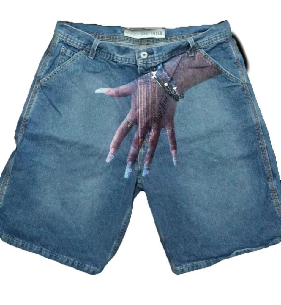 "Men's Y2K Hip-Hop Trend Pattern Denim Shorts - European and American High Street Fashion for Couples"