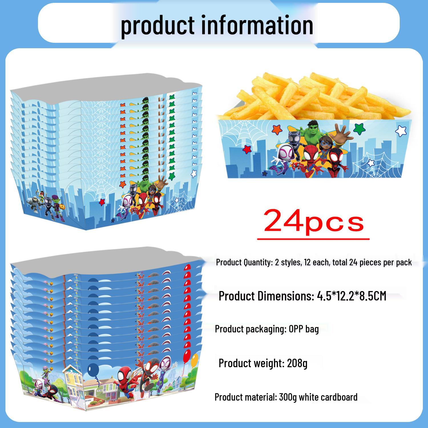 In Stock: Spider-Man & Friends Themed Food Packaging - French Fry Box, Party Chicken Box, Popcorn Box.