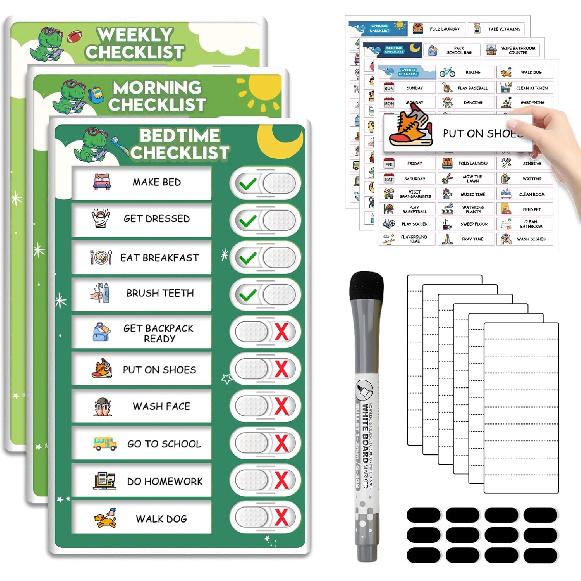 Upgraded Slider 3 in 1 Bedtime/Morning/Weekly Routine Chart for Kids, Magnetic Chore Chart for Kids with 99 Stickers, Cute Visual Schedule for Kid
