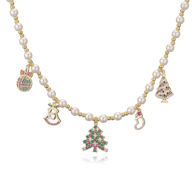 HECHENG,18K Gold-Plated Zirconia Christmas Tree Gingerbread Man Pendant Pearl Necklace Ladies Christmas Cute Sweet Jewellery Other