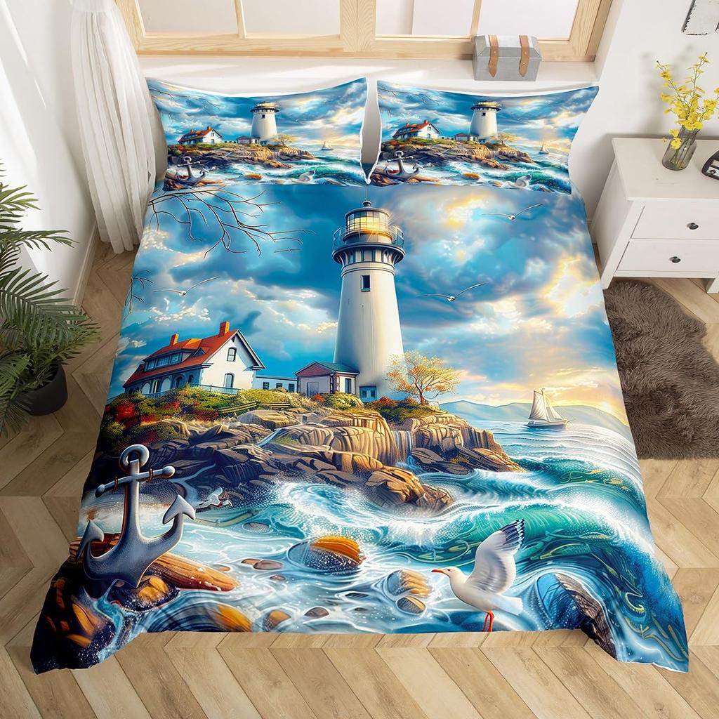 Ocean Beach Duvet Cover Full Lighthouse Comforter Cover Floral Butterfly Bedding Set for Adults Kids Summer Vacation Quilt Cover