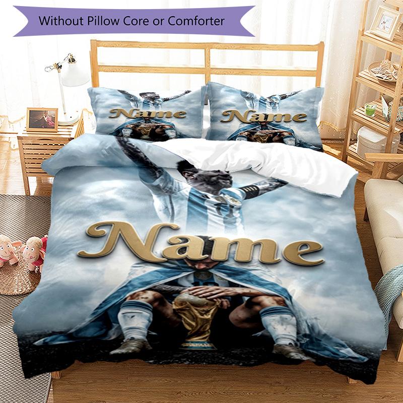 Messi Football World Cup Champion Personalized Name Bedding Set,Smooth Bed Linen for Bedroom Decor,Perfect Souvenir Gift for Soccer Lovers,Microfiber