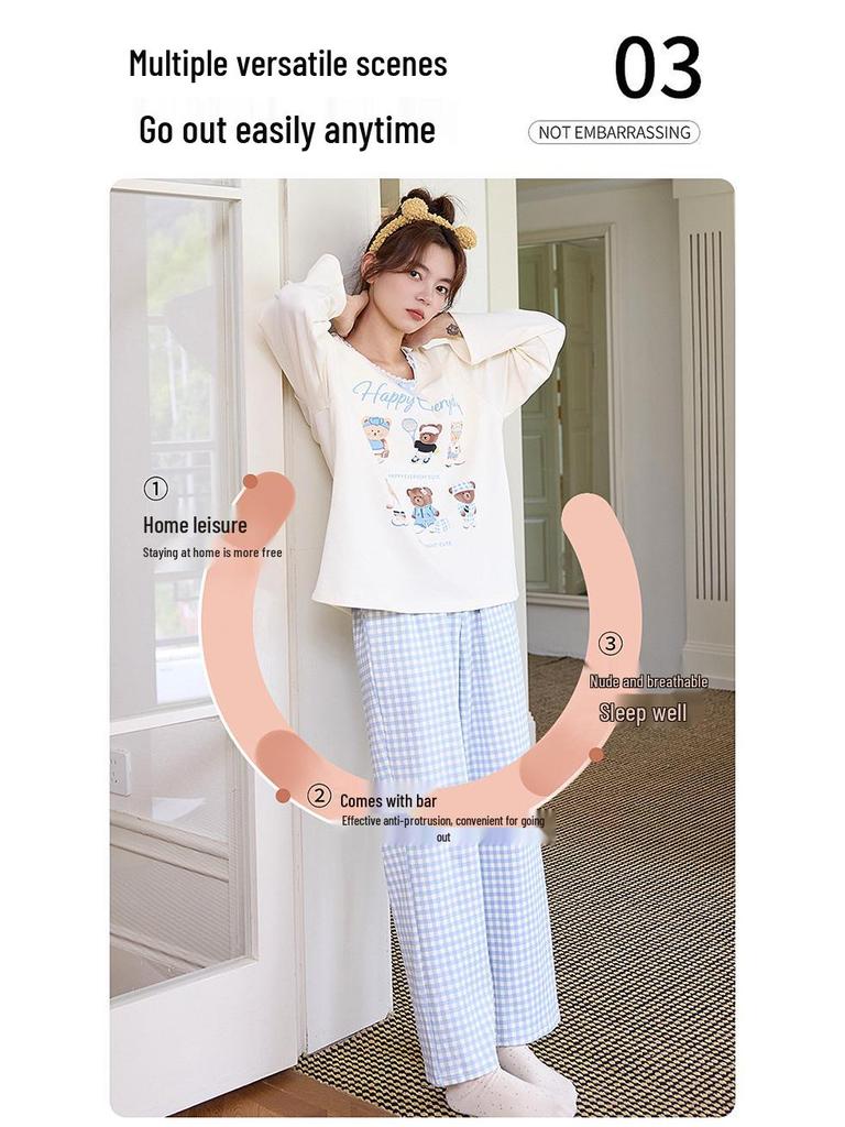 Women's Sweet and Cozy Cotton Pajama Set - Long Sleeve Top with Chest Pads & Long Pants